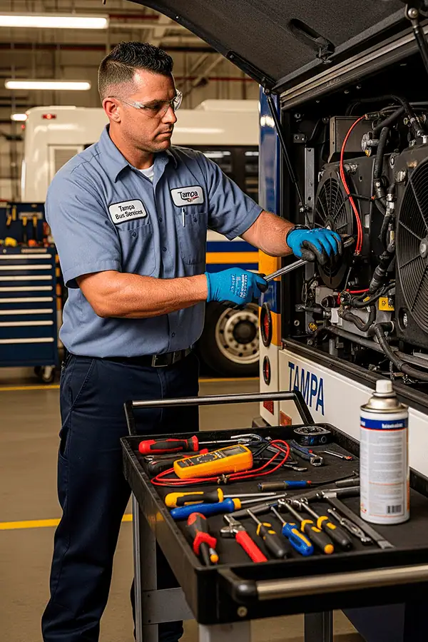 Technician repairing a bus air conditioning system in Tampa