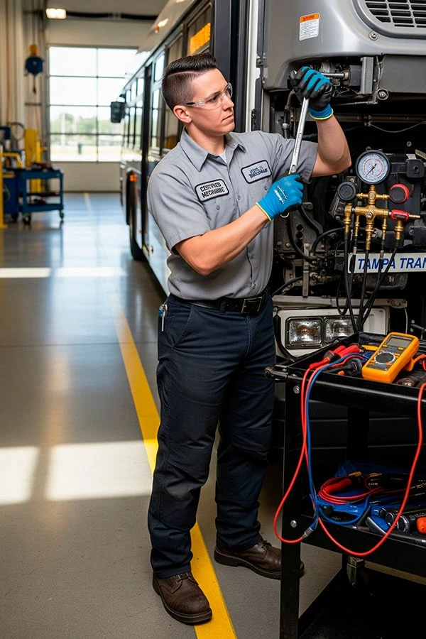 ASE-certified technician servicing a school bus AC system